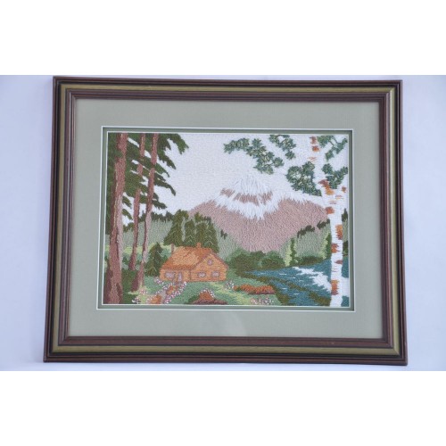 Framed Needle Painting of a Country Scene